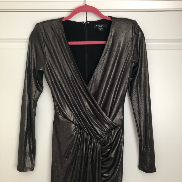 Guess Marciano | Black Metallic Silver Midi Wrap Dress NWOT - Picture 2 of 11